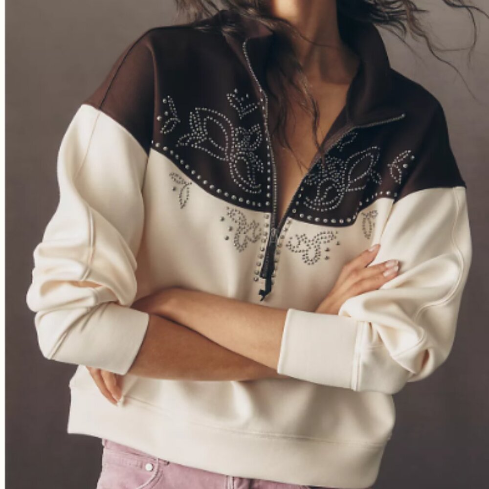 NWT Anthropologie Studded Half-Zip Sweatshirt Size M